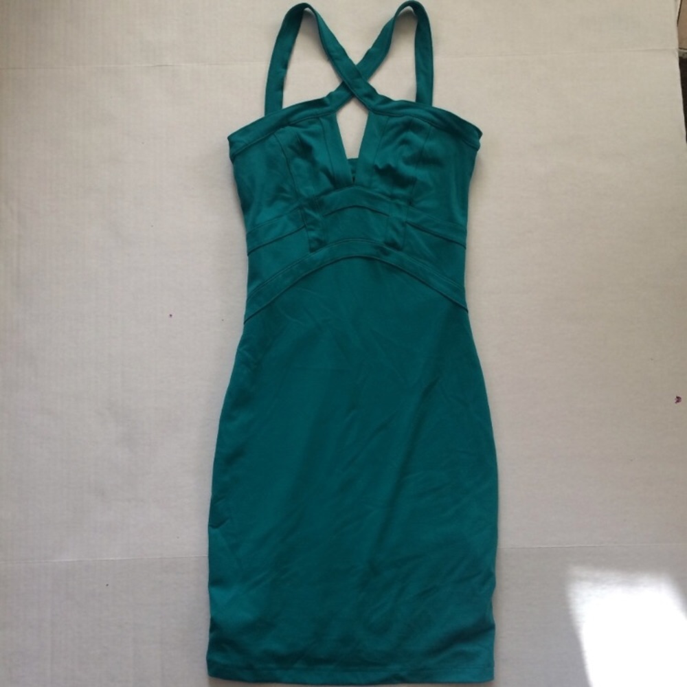 Bebe Bodycon Criss Cross Teal Midi Dress